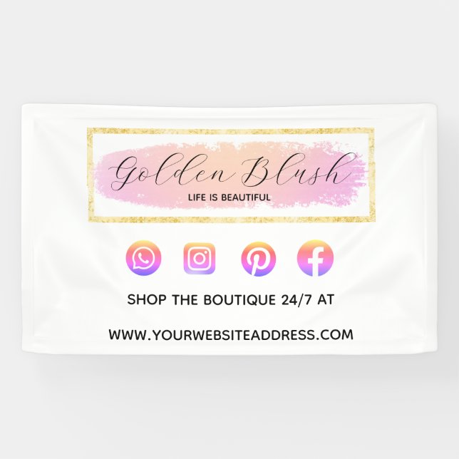 Blush Pink Watercolor & Modern Gold Geometric Chic Banner (Horizontal)