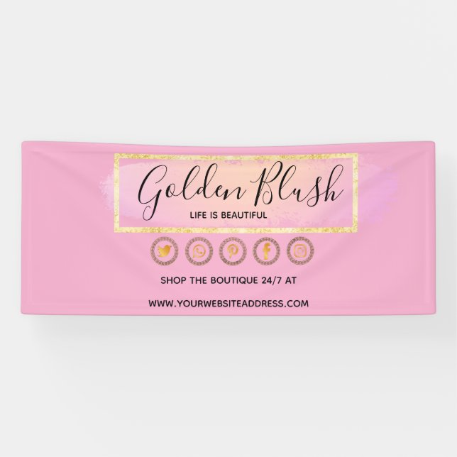 Blush Pink Watercolor & Modern Gold Geometric Chic Banner (Horizontal)