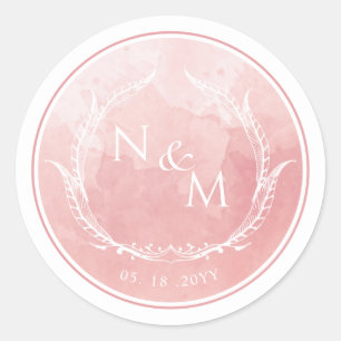 Blush Pink Watercolor Monogram Envelope Seal/Favou Classic Round Sticker