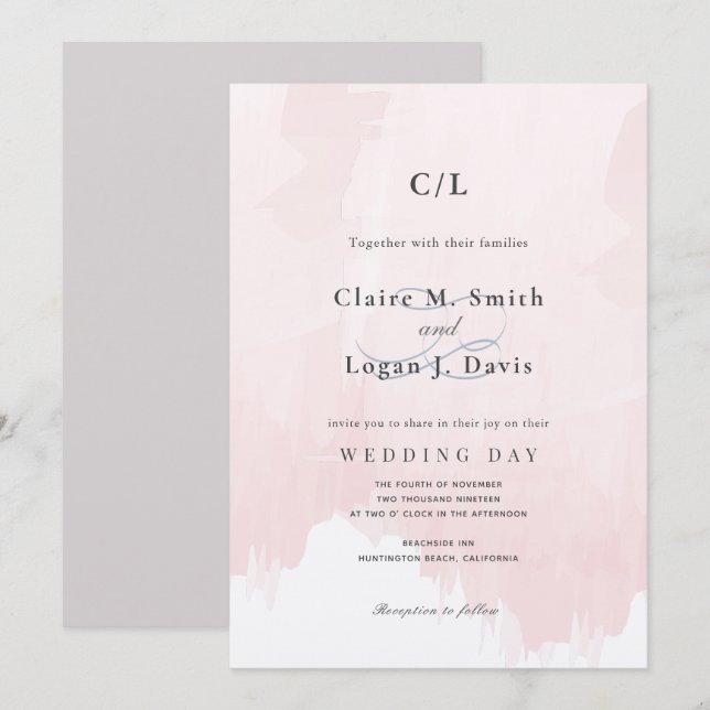 Blush Pink Watercolor Monogram Wedding Invitation (Front/Back)