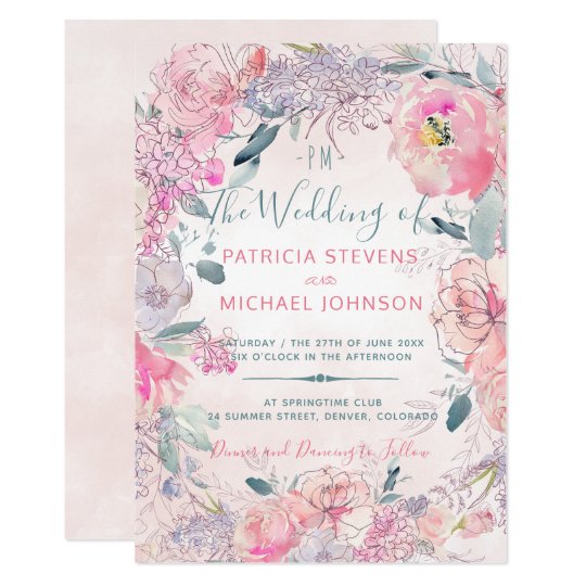 Blush Pink Watercolor Monogrammed Garden Wedding Invitation Zazzle Co Uk