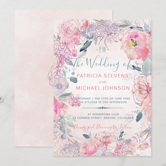 Blush pink watercolor monogrammed garden wedding invitation (Front/Back)