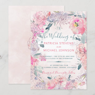 Blush pink watercolor monogrammed garden wedding invitation