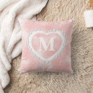 Blush Pink Watercolor Pearl Heart Monogram  Cushion