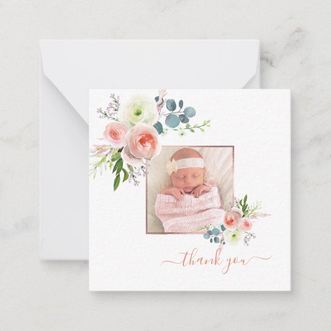 Blush Pink Watercolor Peonies Baby Thank You Card (Front)
