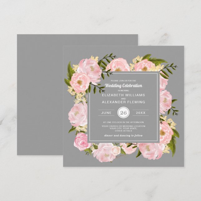 Blush Pink Watercolor Peonies Gray Wedding Invitation (Front/Back)