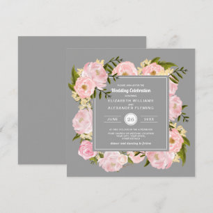 Blush Pink Watercolor Peonies Gray Wedding Invitation