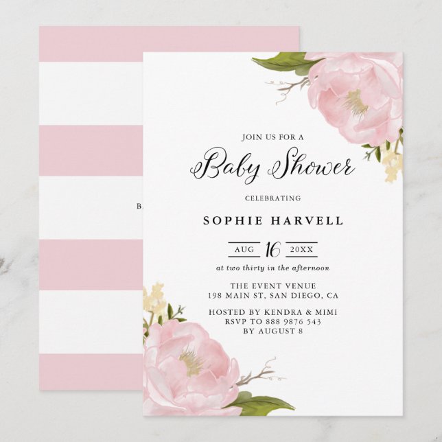 Blush Pink Watercolor Peonies Pretty Baby Shower Invitation (Front/Back)