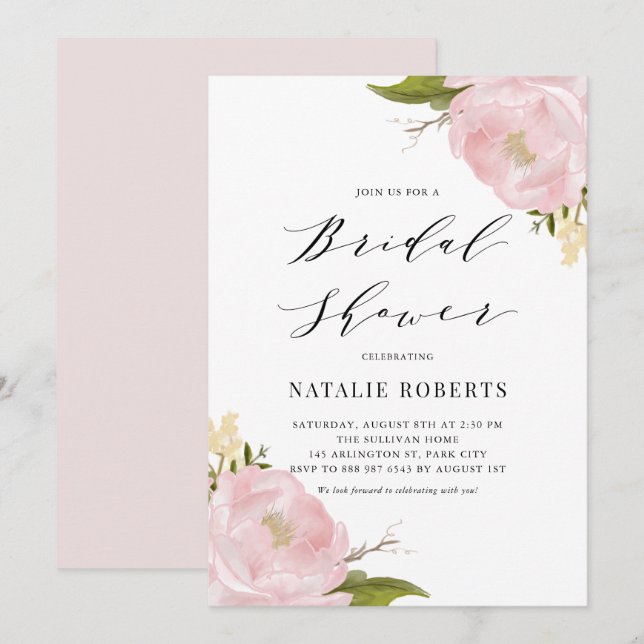 Blush Pink Watercolor Peonies Pretty Bridal Shower Invitation (Front/Back)