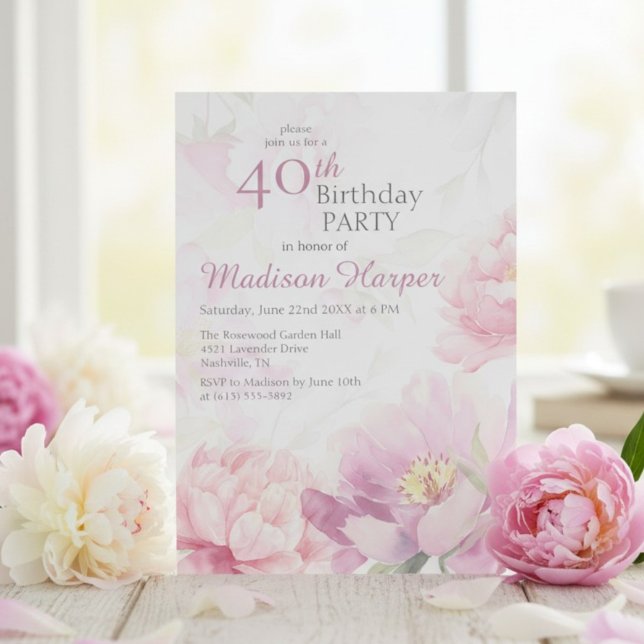 Blush Pink Watercolor Peony 40th Birthday Invitation (Creator Uploaded)
