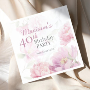 Blush Pink Watercolor Peony 40th Birthday Napkin