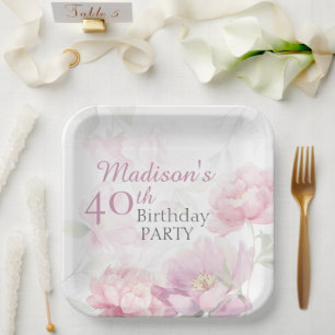 Blush Pink Watercolor Peony 40th Birthday Paper Plate