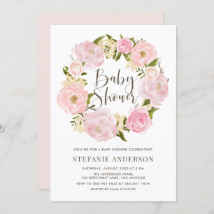 Blush Pink Watercolor Peony Wreath Baby Shower Invitation