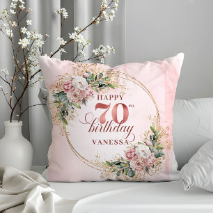 Blush Pink Watercolor Pillow with Gold Frame 70th 