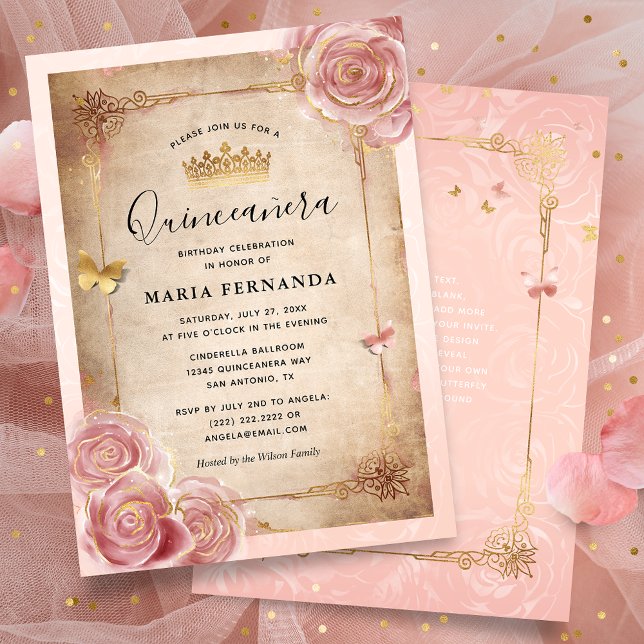 Blush Pink Watercolor Rose Gold Quinceanera Invitation (Creator Uploaded)