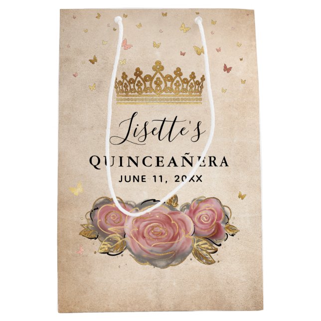 Blush Pink Watercolor Rose Gold Quinceanera Medium Gift Bag (Front)
