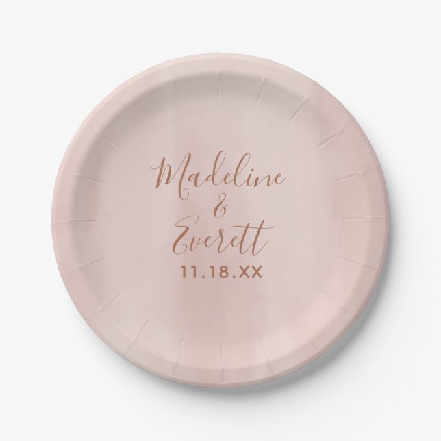 Blush Pink Watercolor & Rose Gold Wedding Monogram Paper Plate (Front)