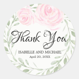 Blush Pink Watercolor Rose Thank You Wedding Classic Round Sticker