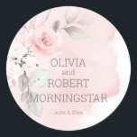 Blush Pink Watercolor Rose Wedding Classic Round Sticker<br><div class="desc">Beautiful watercolor cottage roses and pale green foliage are featured for this Blush Pink Rose Wedding sticker - a barely there pale blush watercolor wash sets off this pretty invitation.This is part of a complete Wedding Stationery Suite with matching wedding, baby shower and other event stationery - custom artwork ©...</div>