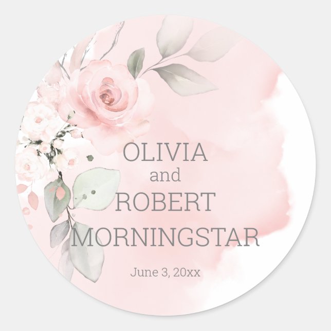 Blush Pink Watercolor Rose Wedding Classic Round Sticker (Front)