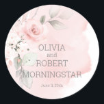 Blush Pink Watercolor Rose Wedding Classic Round Sticker<br><div class="desc">Beautiful watercolor cottage roses and pale green foliage are featured for this Blush Pink Rose Wedding sticker - a barely there pale blush watercolor wash sets off this pretty invitation.This is part of a complete Wedding Stationery Suite with matching wedding, baby shower and other event stationery - custom artwork ©...</div>