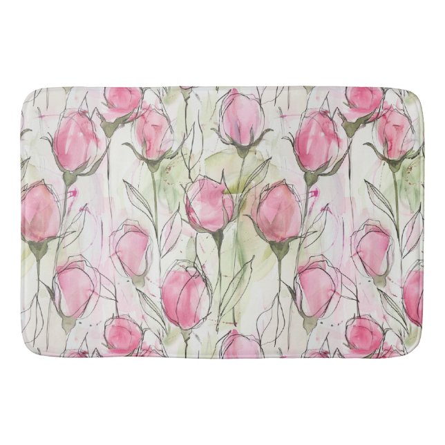 Blush Pink Watercolor Rosebuds Bath Mat (Front)