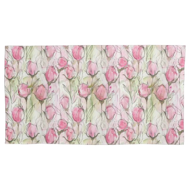 Blush Pink Watercolor Rosebuds Pillowcase (Front-Left)