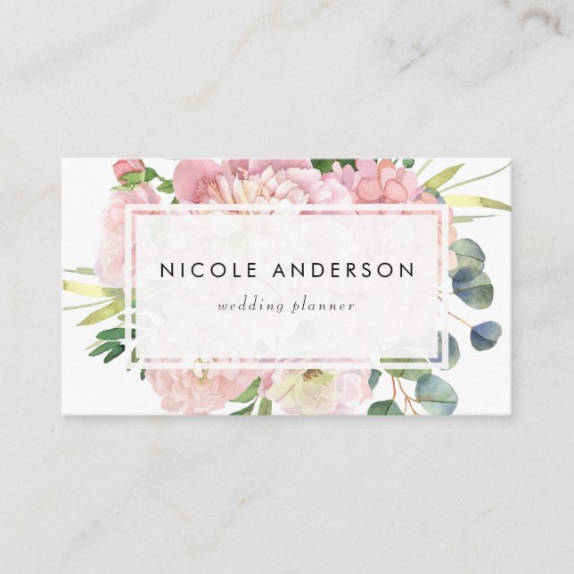 Blush Pink Watercolor Roses and Hydrangeas Business Card (Front)