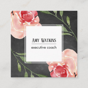 Blush Pink Watercolor Roses Chalkboard Background Square Business Card