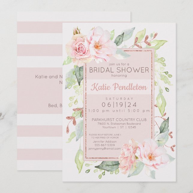 Blush Pink Watercolor Roses Feminine Bridal Invitation (Front/Back)