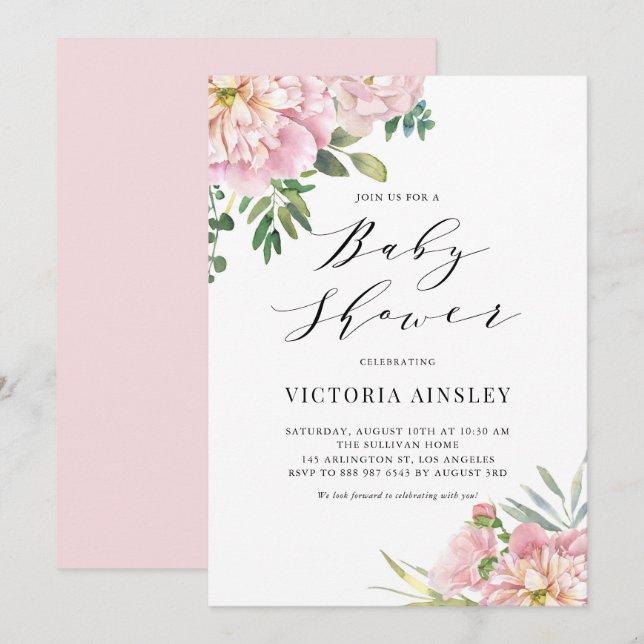Blush Pink Watercolor Roses Floral Baby Shower Invitation (Front/Back)