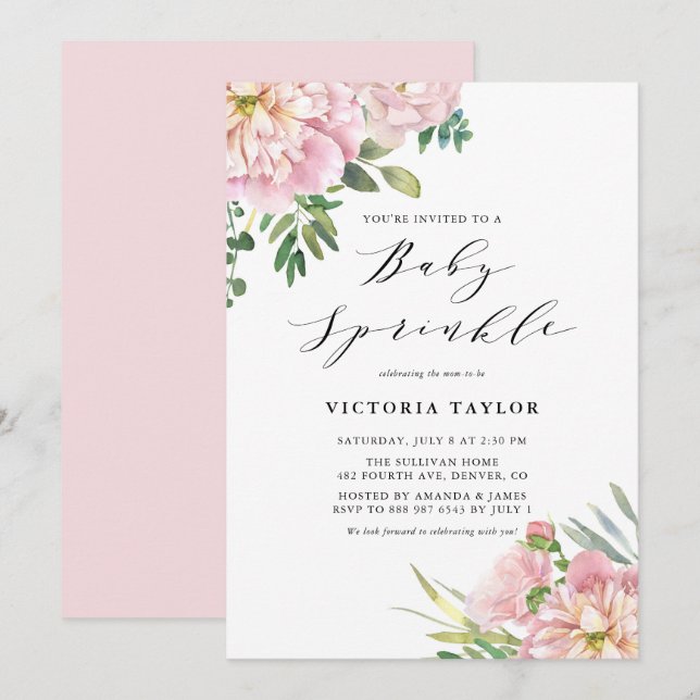 Blush Pink Watercolor Roses Floral Baby Sprinkle Invitation (Front/Back)