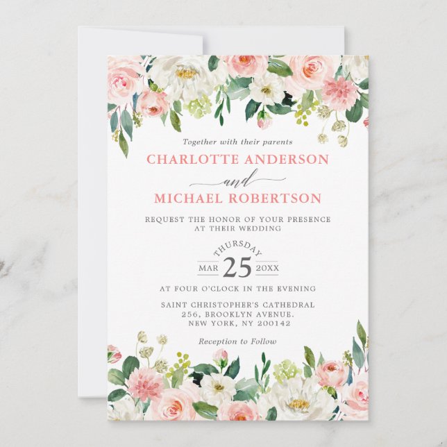 Blush Pink Watercolor Roses Floral Wedding Invitation (Front)