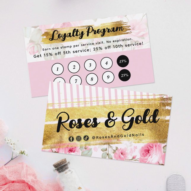 Blush Pink Watercolor Roses & Gold Loyalty Stamp Business Card (Creator Uploaded)