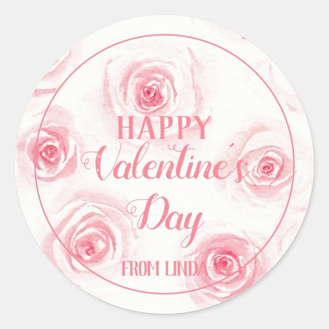 Blush pink watercolor roses happy valentine's classic round sticker (Front)