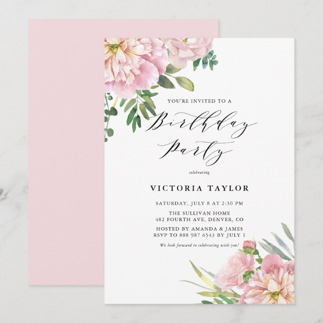 Blush Pink Watercolor Roses & Hydrangeas Birthday Invitation (Front/Back)