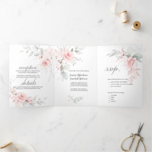 Blush Pink Watercolor Roses Sage Green Leaves Tri-Fold Invitation