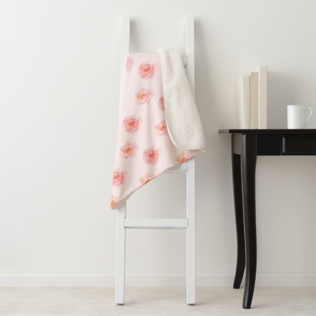 Blush Pink Watercolor Roses Sherpa Blanket (In Situ)
