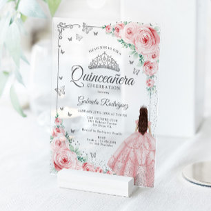 Blush Pink Watercolor Roses Silver Quinceanera Acrylic Invitations