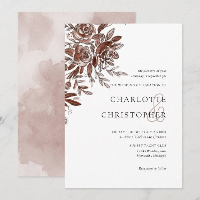 Blush pink watercolor roses wedding invitation (Front/Back)