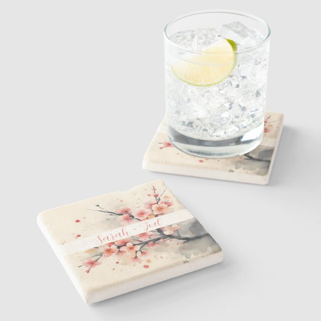 Blush Pink Watercolor Sakura Wedding Stone Coaster (Side)