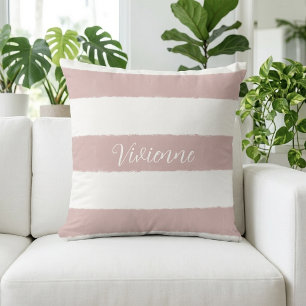 Blush Pink Watercolor Stripes Monogram Name Cushion