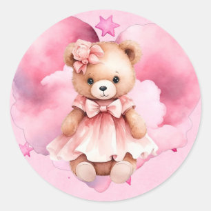 Blush Pink Watercolor Teddy Bear Girl Baby Shower Classic Round Sticker