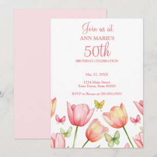Blush Pink Watercolor Tulips 50th Birthday Party Invitation