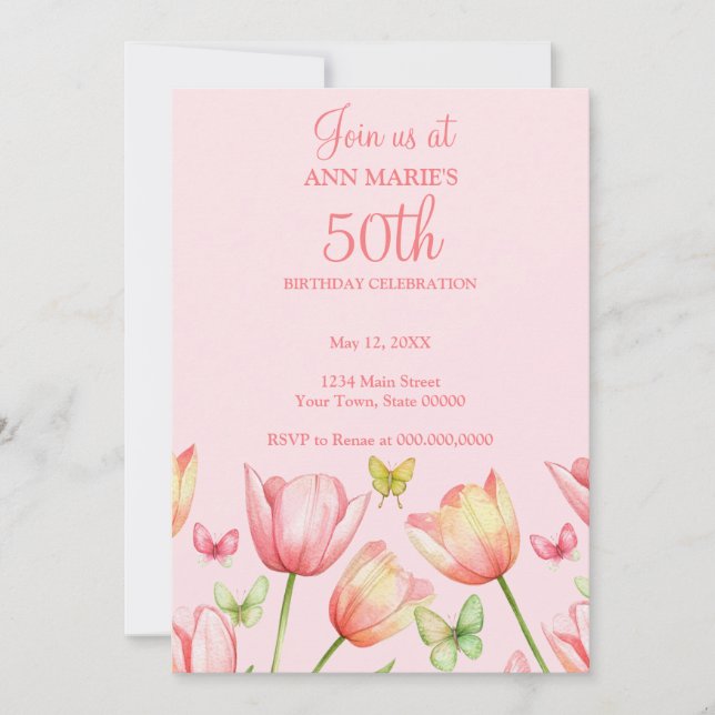 Blush Pink Watercolor Tulips 50th Birthday Party  Invitation (Front)