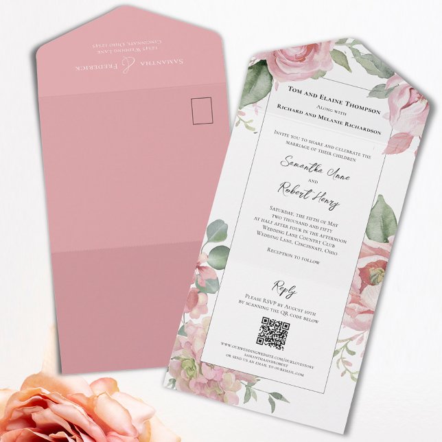 Blush Pink Watercolor Wedding All In One Invitation (Blush pink floral all in one wedding invitations. )