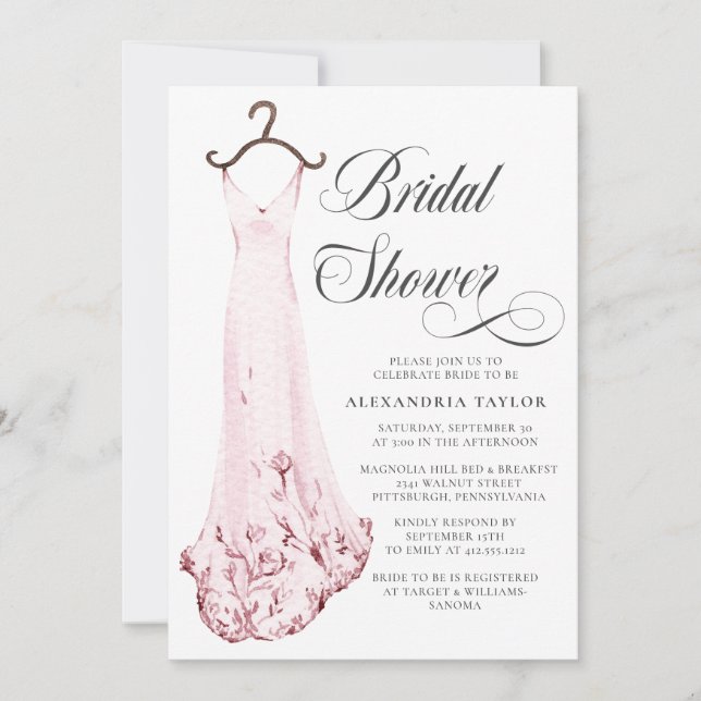 Blush Pink Watercolor Wedding Dress Bridal Shower  Invitation (Front)