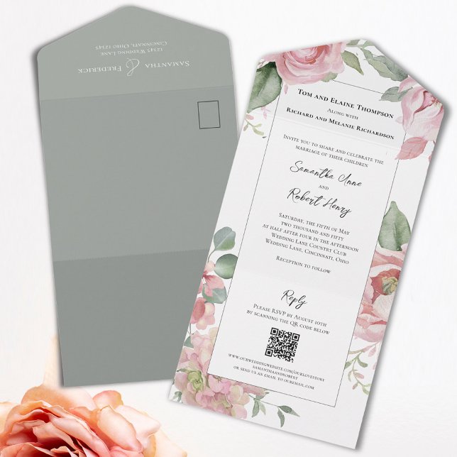 Blush Pink Watercolor Wedding Grey All In One Invitation (Elegant pink floral all in one wedding invitations. )