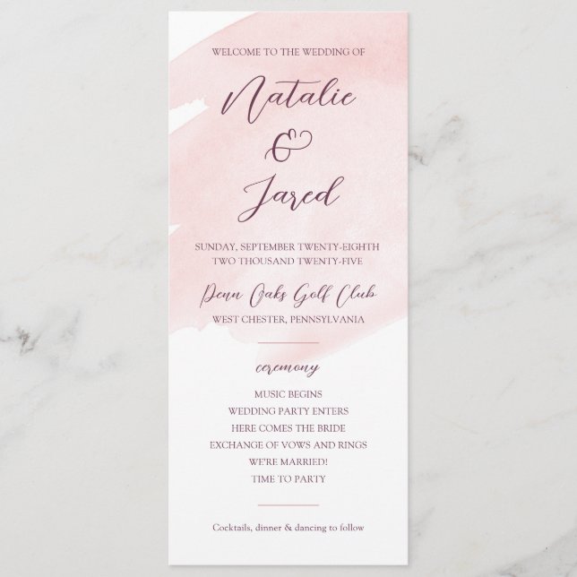 Blush Pink Watercolor Wedding Programme (Front)