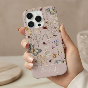 Blush Pink Watercolor Wildflowers Pattern Name iPhone 15 Pro Case